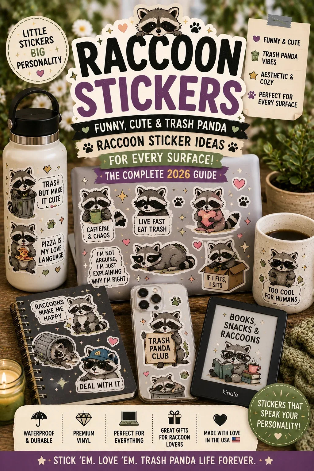 Raccoon stickers on laptop, Kindle, phone case, journal, and water bottle.