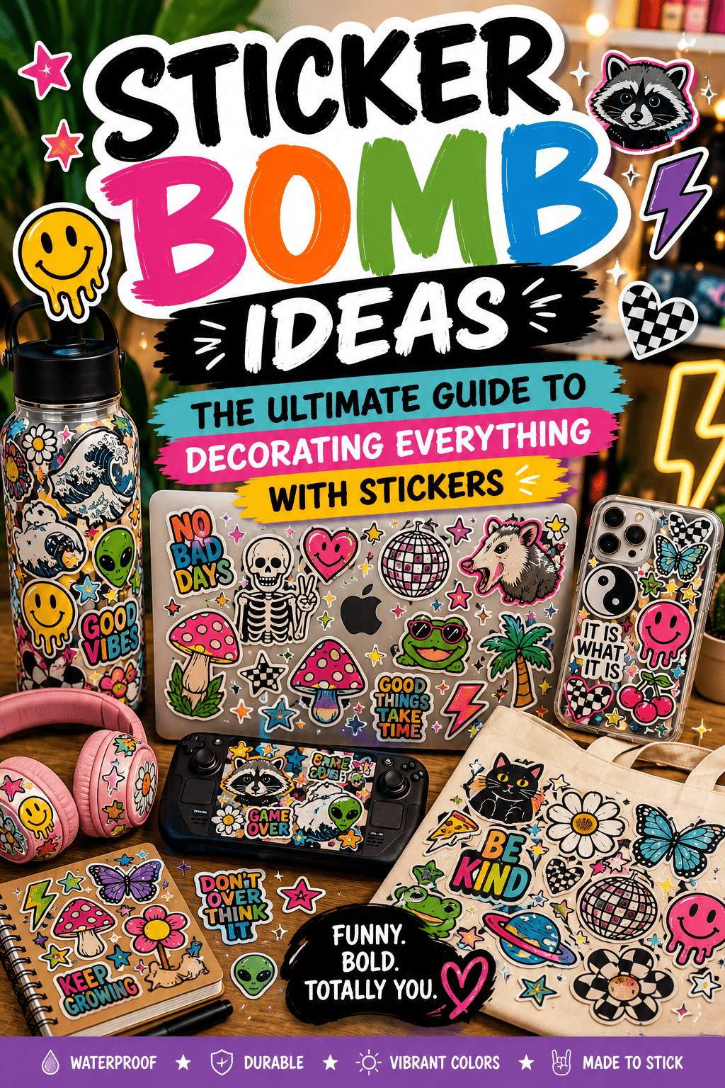 Sticker bomb ideas featuring laptops, phones, water bottles, and colorful vinyl stickers.