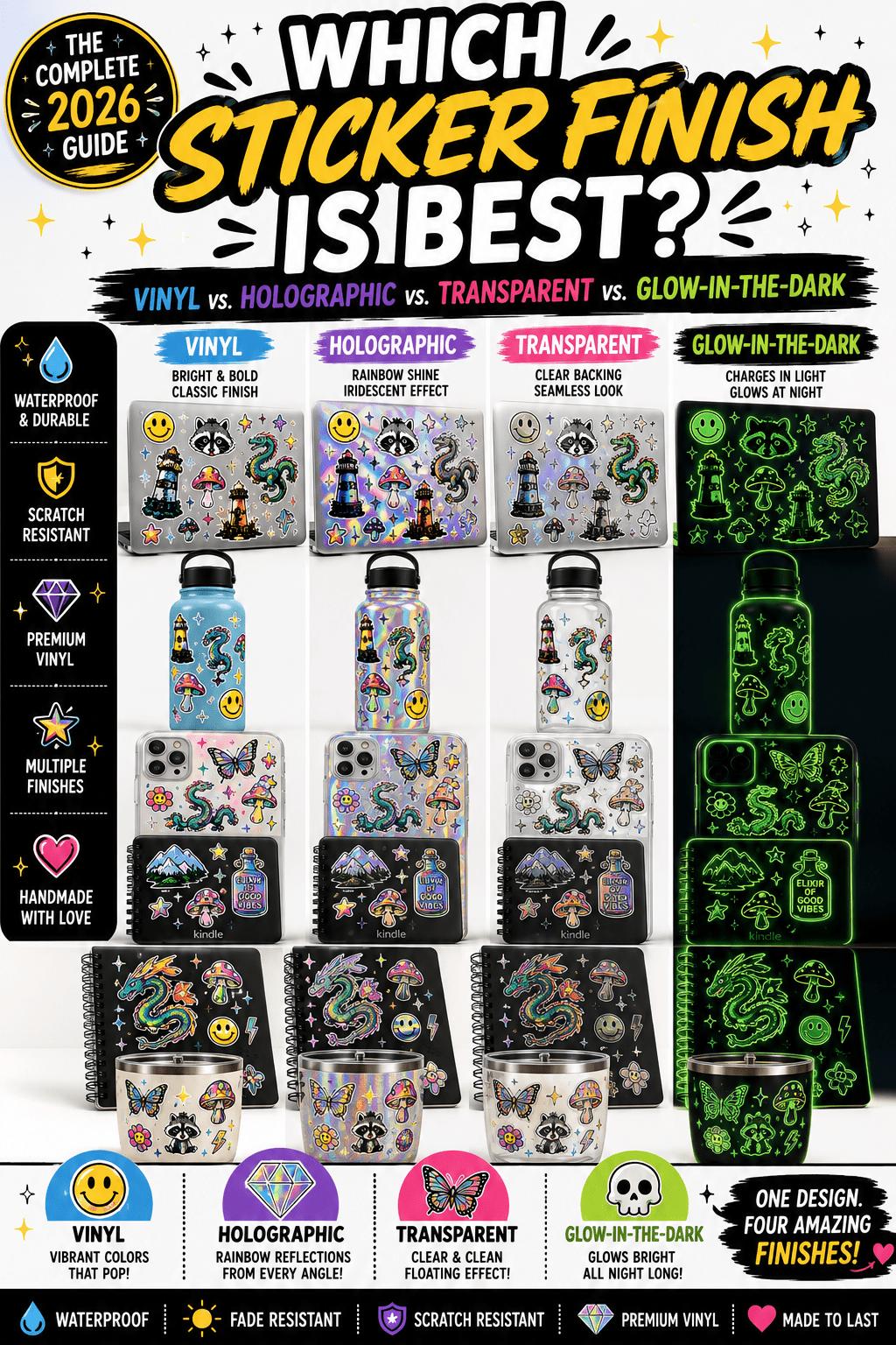 Comparison of vinyl, holographic, transparent, and glow-in-the-dark sticker finishes.