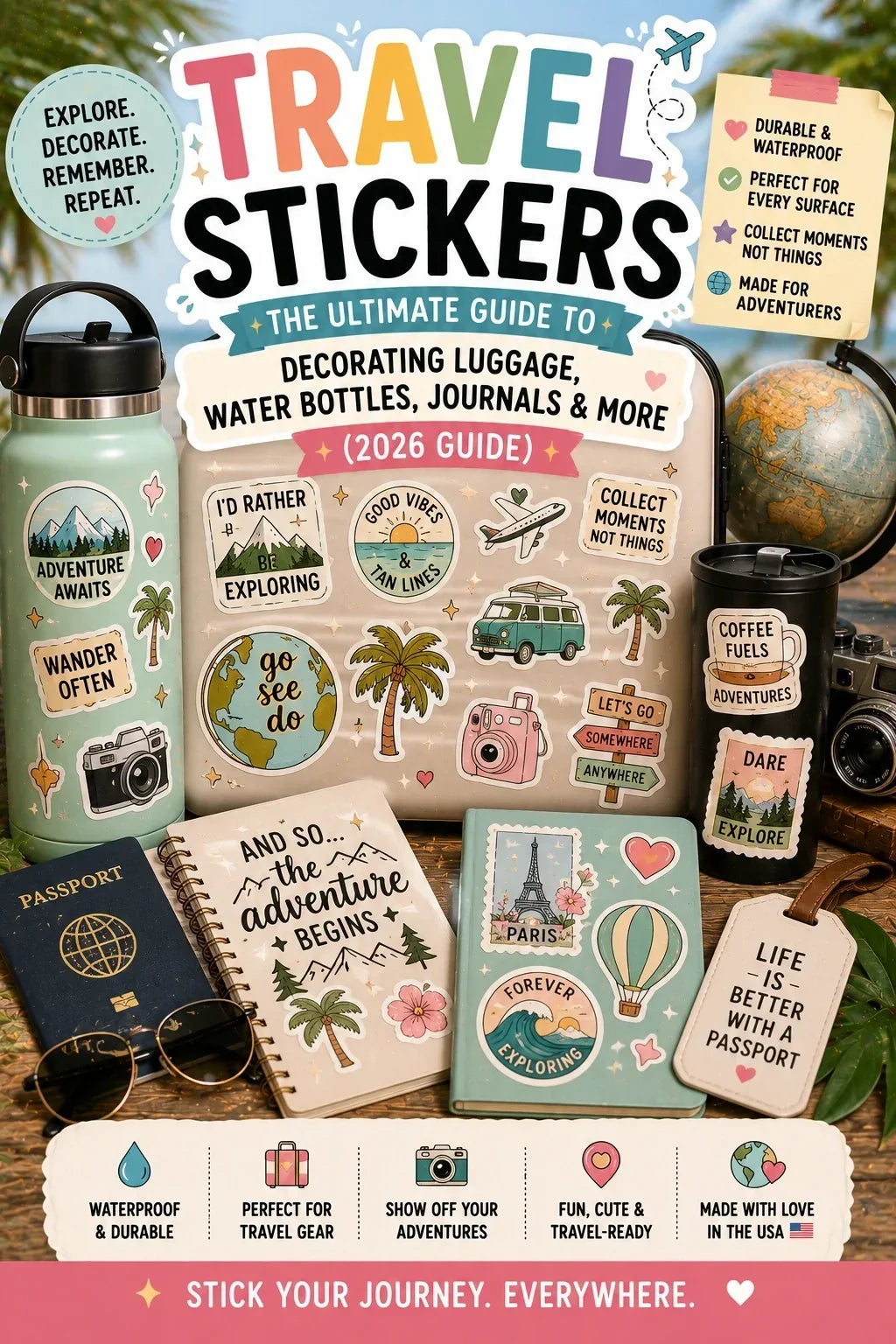Travel stickers on luggage, water bottle, journal, passport, and travel mug.