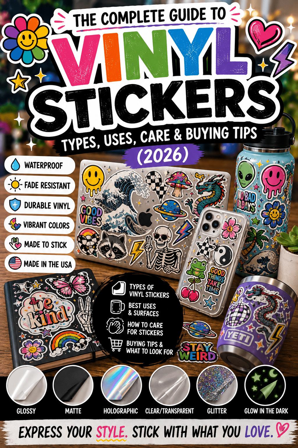 Vinyl stickers guide featuring waterproof sticker types, laptop, phone case, and water bottle decals.