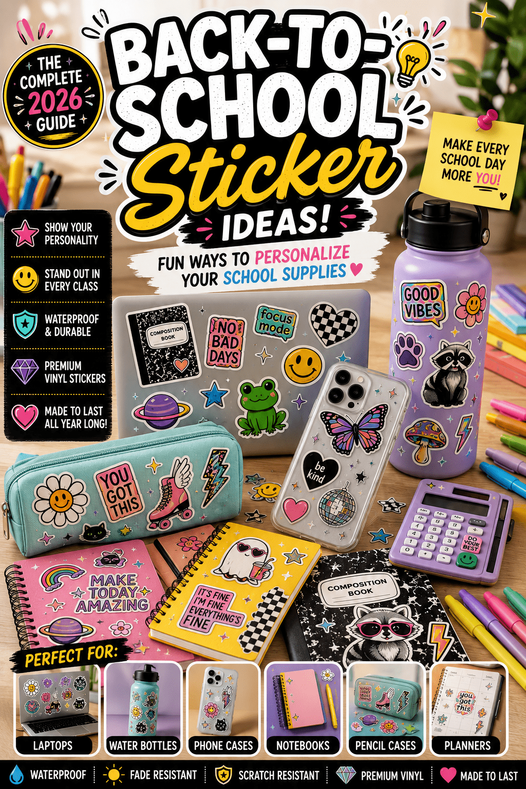 Waterproof vinyl stickers decorating school supplies including laptops, notebooks, phone cases, and backpacks.