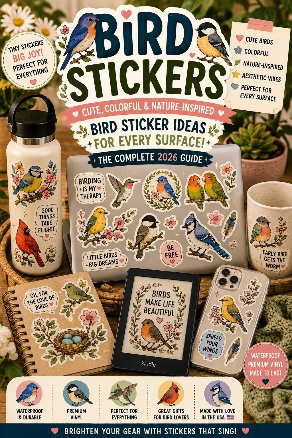 Cute bird stickers on laptop, Kindle, phone case, journal, and water bottle.