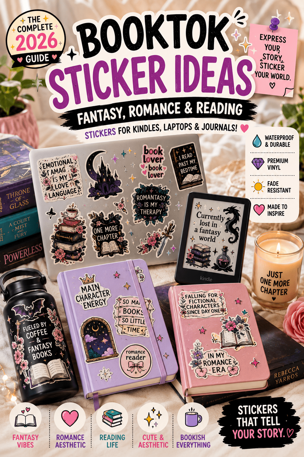 BookTok stickers on Kindle, laptop, journal, and water bottle for fantasy readers.