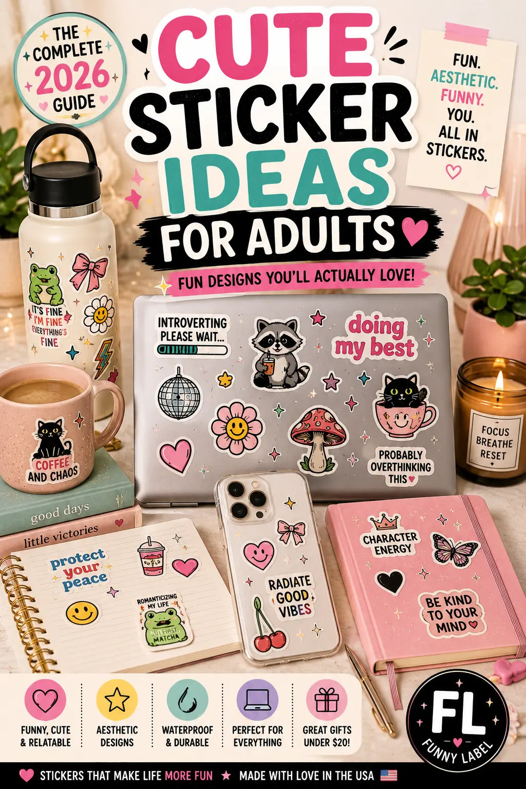 Cute vinyl stickers for adults on laptop, phone case, journal, and water bottle.
