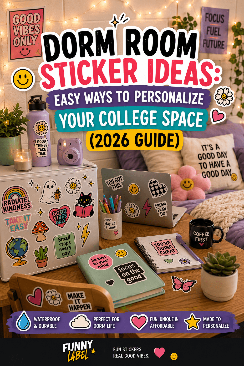 Cozy college dorm room decorated with waterproof vinyl stickers on a laptop, mini fridge, notebook, and water bottle.