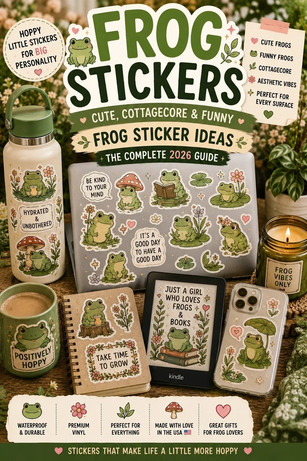 Cute frog stickers on laptop, Kindle, journal, phone case, and water bottle.