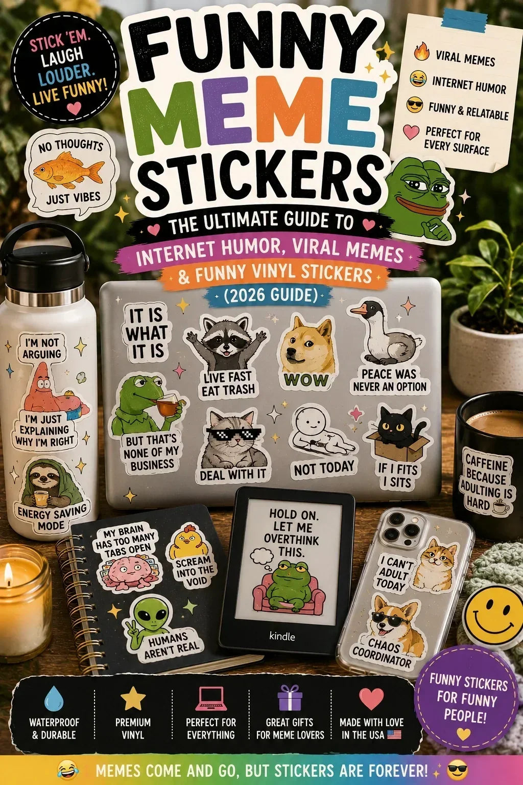 Funny meme stickers on laptop, Kindle, phone case, journal, and water bottle.