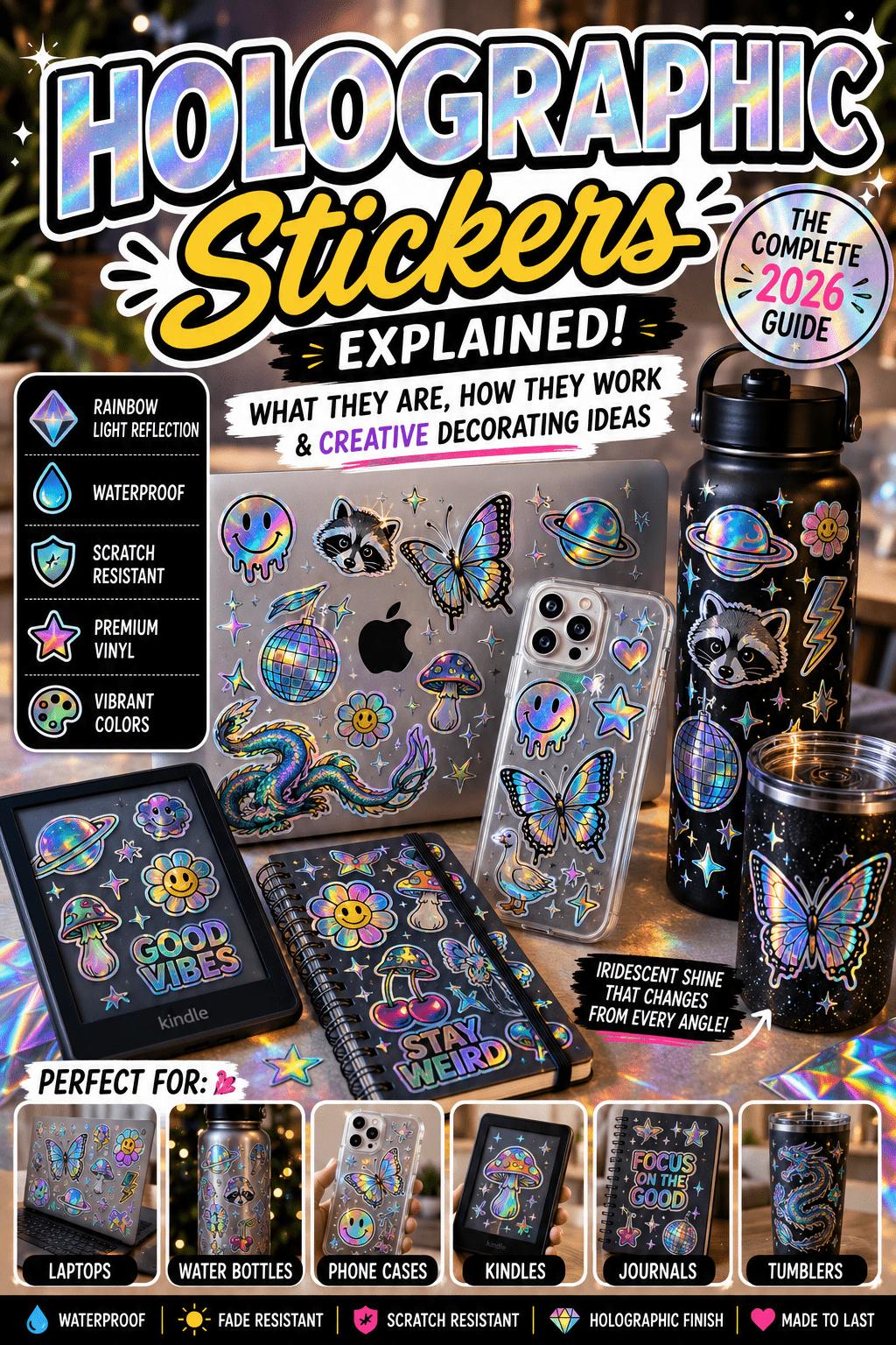 Holographic vinyl stickers on laptop, phone case, water bottle, Kindle, and journal.