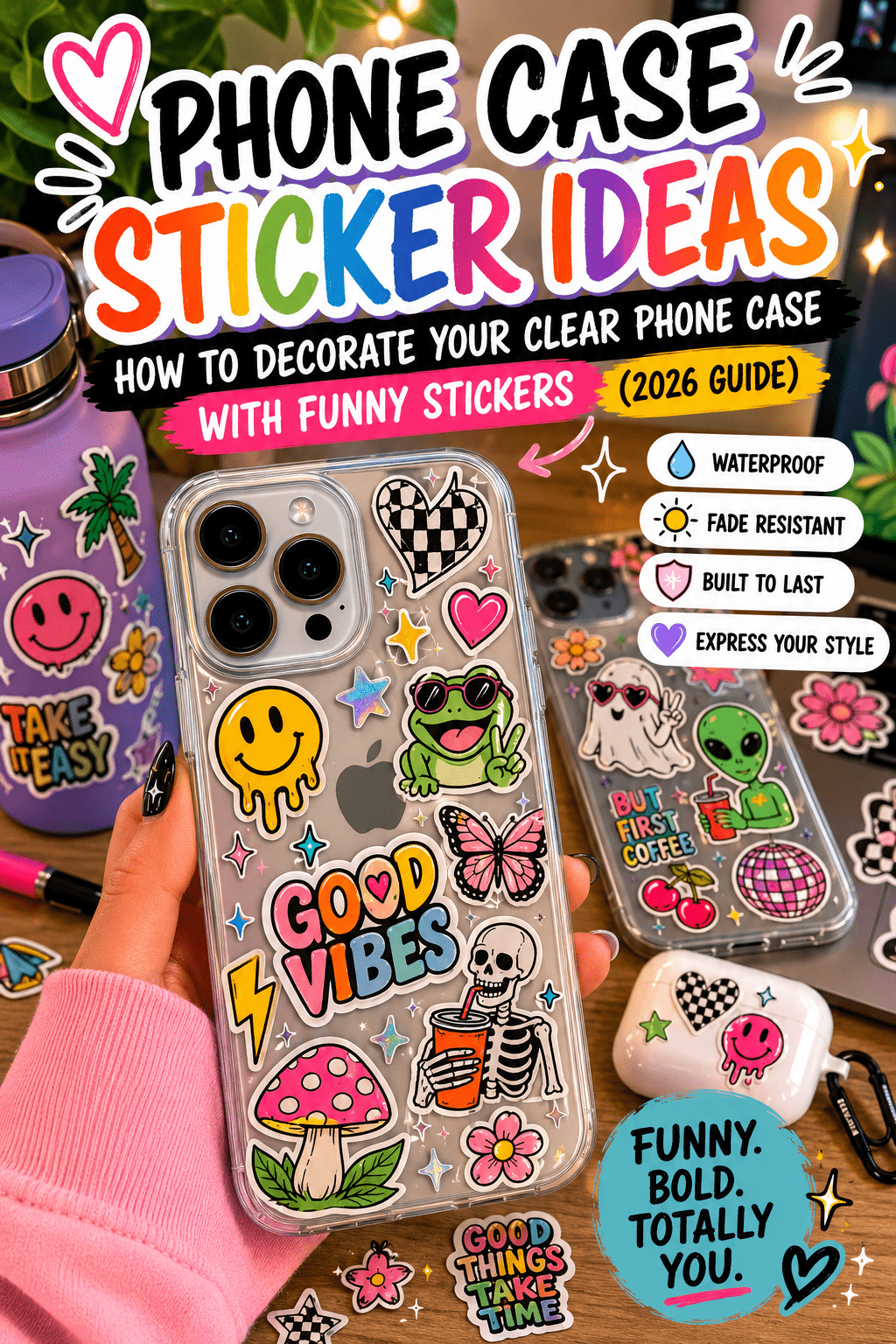 Clear phone case decorated with funny waterproof vinyl stickers and colorful phone case ideas.