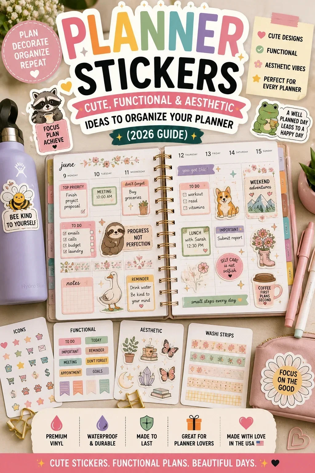 Planner stickers decorating a weekly planner with cute functional vinyl stickers.