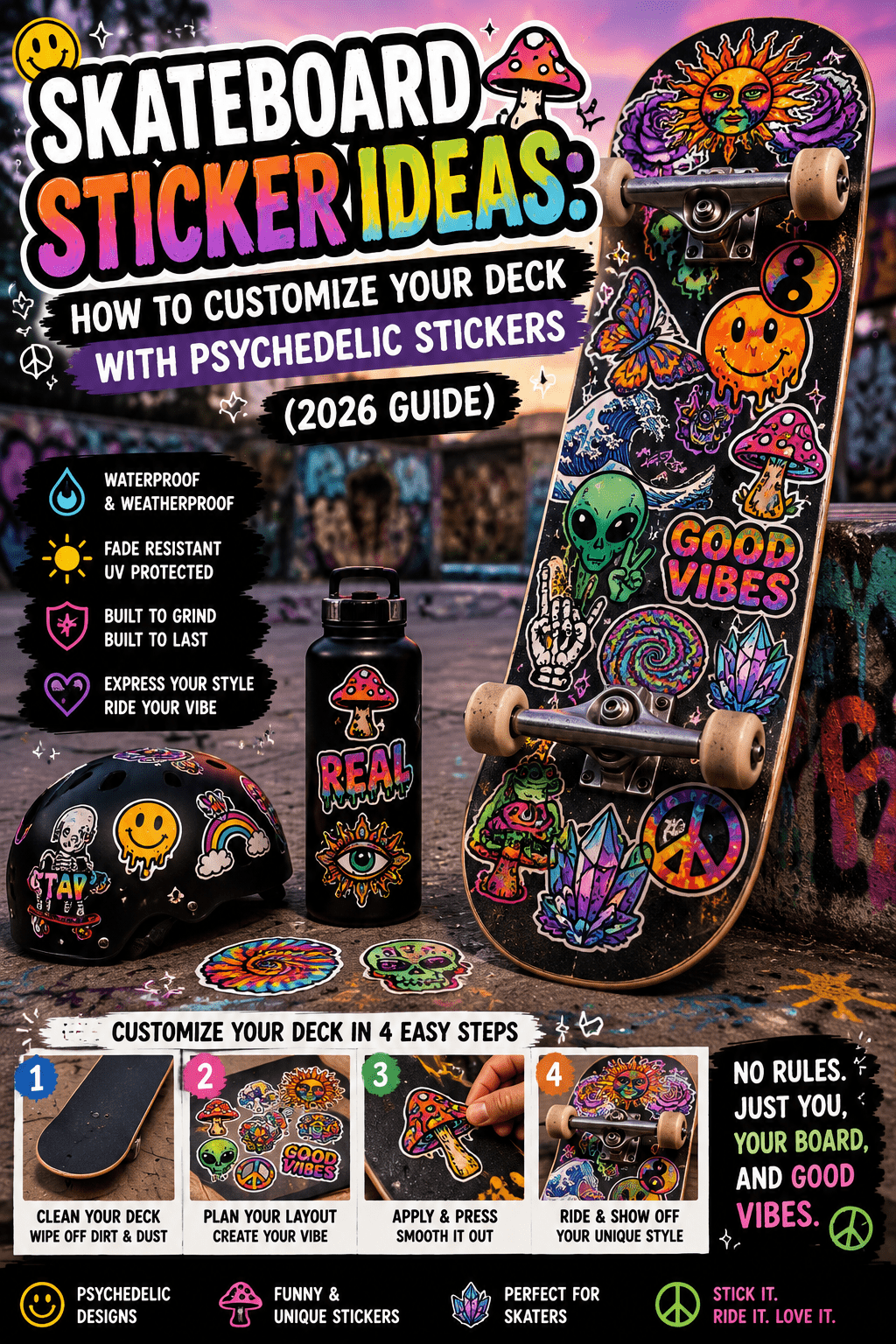 Psychedelic skateboard stickers on custom skateboard deck with colorful vinyl decals.