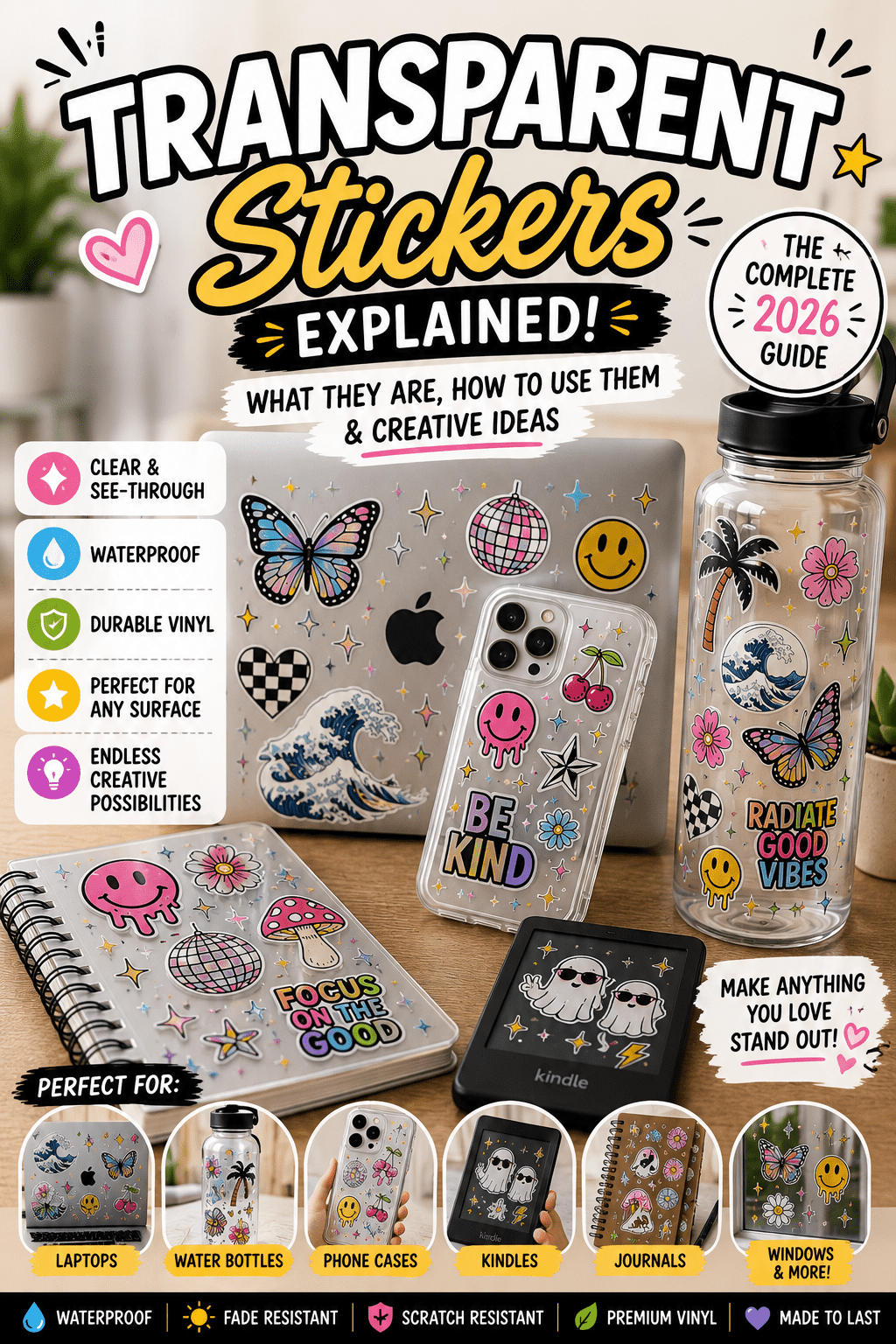 Transparent vinyl stickers on laptop, phone case, water bottle, and notebook.