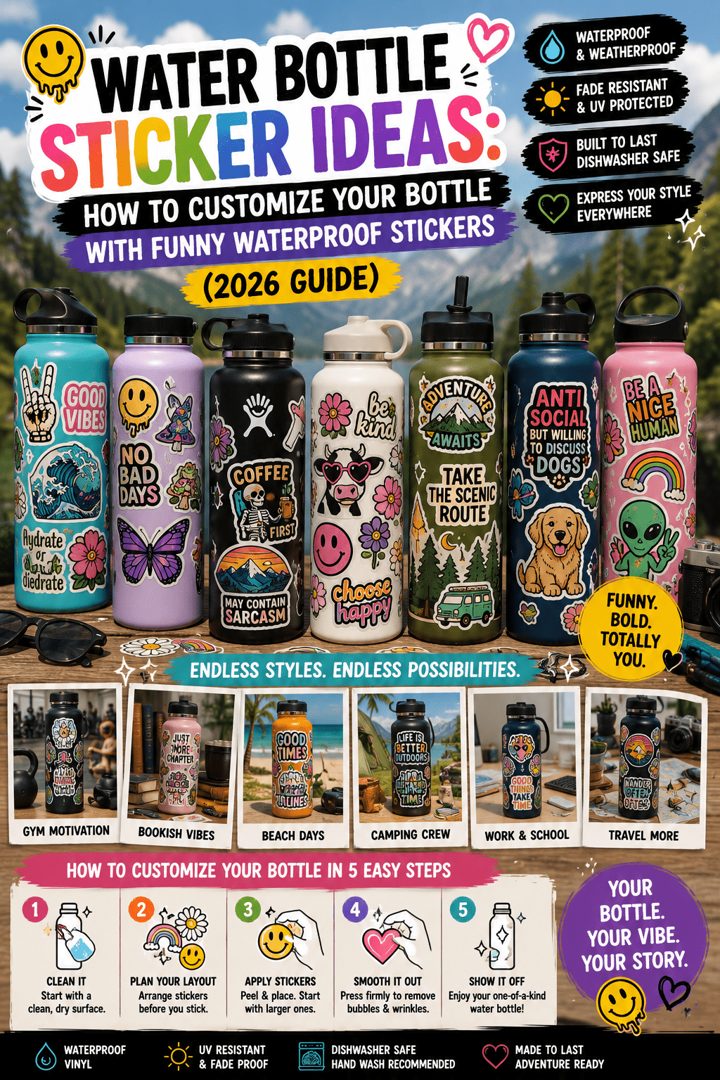 Water bottle decorated with funny waterproof vinyl stickers and colorful decals.