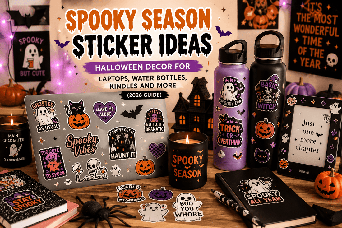 Halloween-themed laptop, Kindle, water bottle, phone case, and planner decorated with Funny Label spooky waterproof vinyl stickers featuring ghosts, pumpkins, skeletons, black cats, and glow-in-the-dark designs.