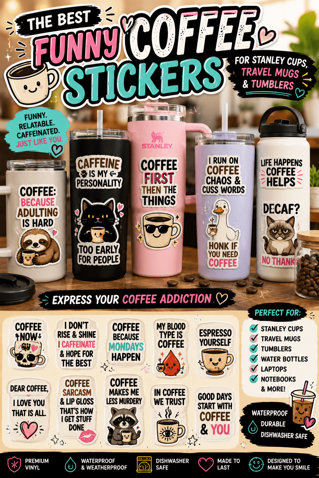 Funny coffee stickers on Stanley cups, travel mugs, and tumblers.