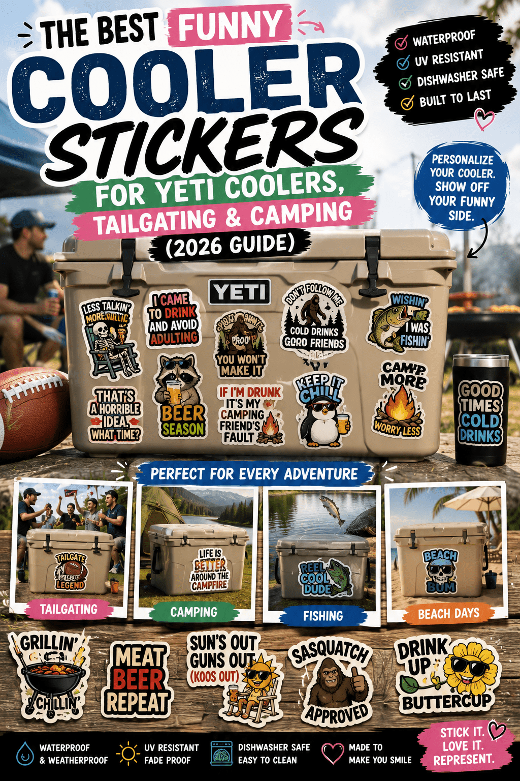 Funny cooler stickers on camping cooler for tailgating and outdoor adventures.
