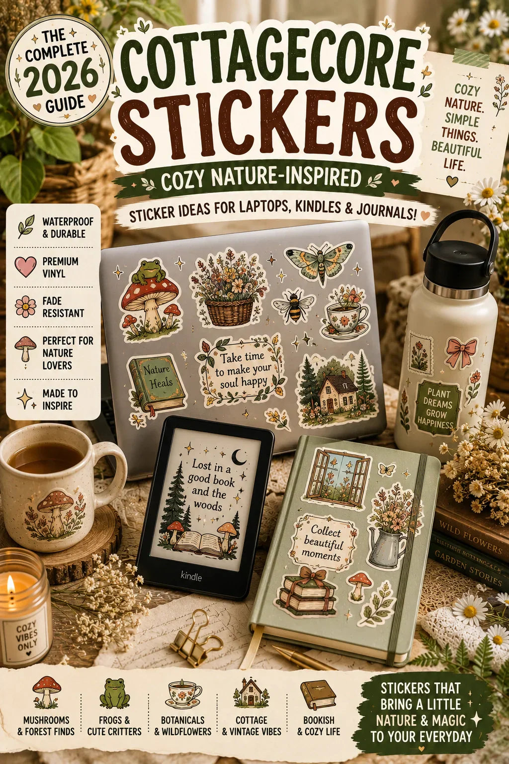 Cottagecore stickers on laptop, Kindle, journal, and water bottle with nature-inspired designs.