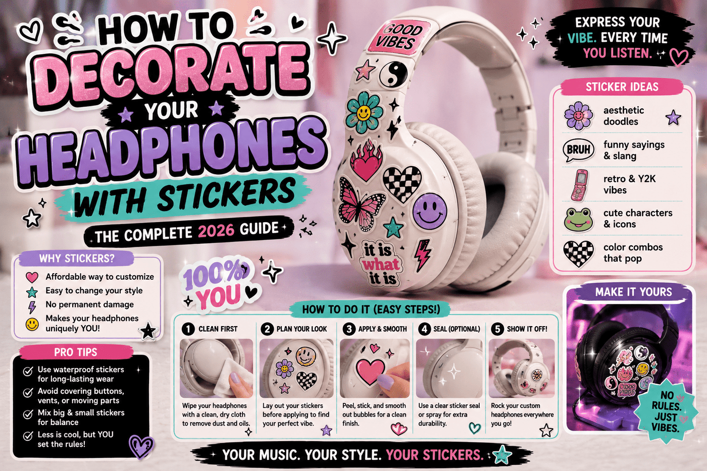 Headphones decorated with colorful vinyl stickers, aesthetic decals, and Y2K-inspired designs.