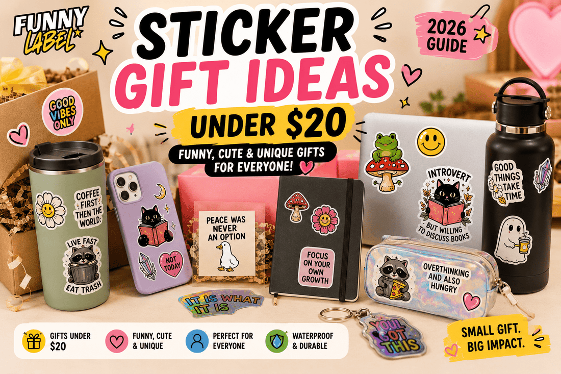 Colorful sticker gift ideas under $20 featuring waterproof vinyl stickers, holographic stickers, greeting cards, gift boxes, notebooks, tumblers, and cute accessories