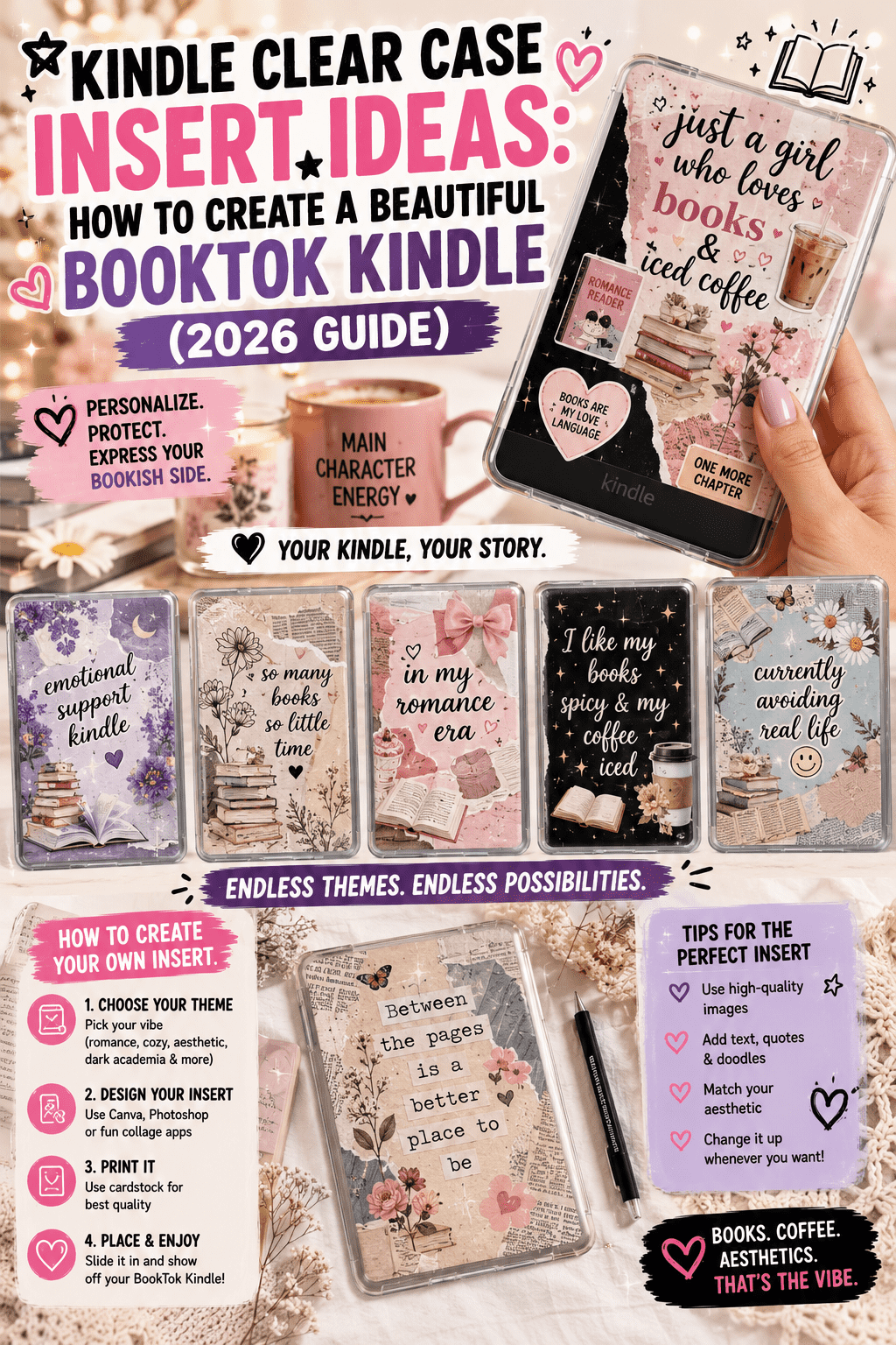 Kindle clear case insert ideas with BookTok aesthetic and decorative stickers.
