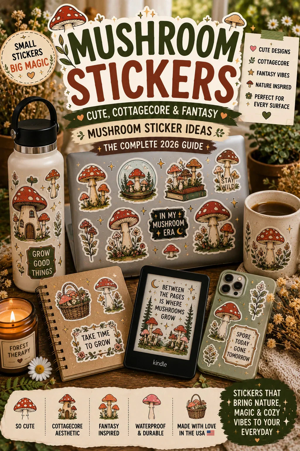 Mushroom stickers on laptop, Kindle, journal, phone case, and water bottle.