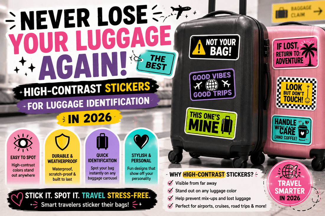 High-contrast luggage stickers for suitcase identification at airport baggage claim.