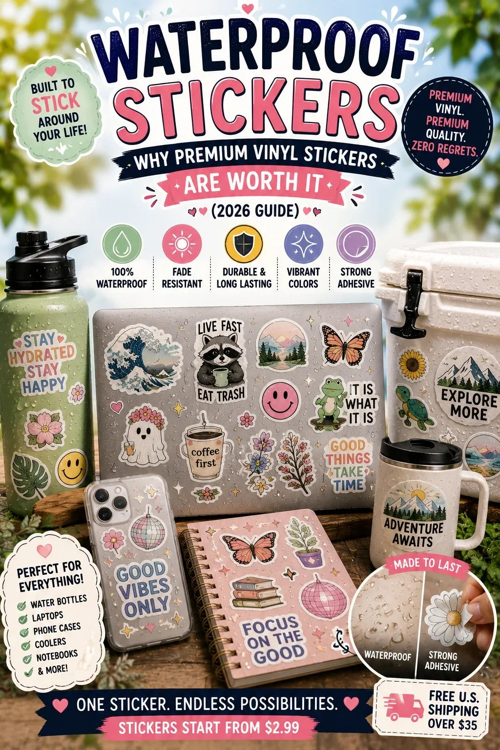 Waterproof vinyl stickers on laptop, water bottle, cooler, phone case, and notebook.