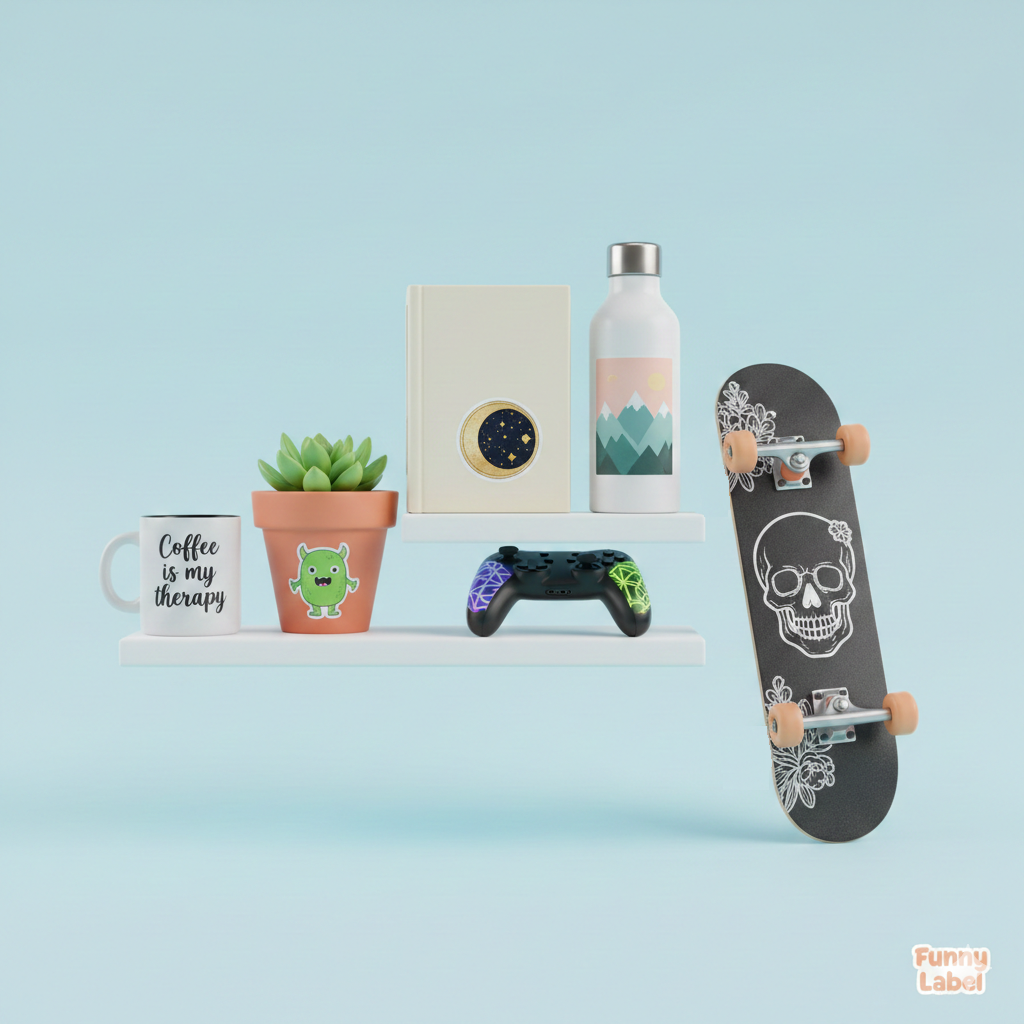 Creative sticker ideas for unexpected places. A fun collection showing vinyl stickers on a plant pot, water bottle, book, game controller, skateboard, and coffee mug.