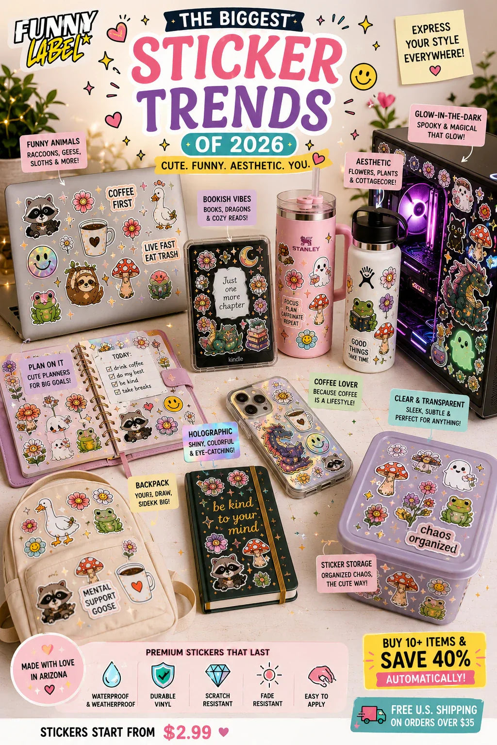 Trending 2026 sticker styles displayed on laptops, Kindles, tumblers, planners, gaming PCs, and everyday accessories.