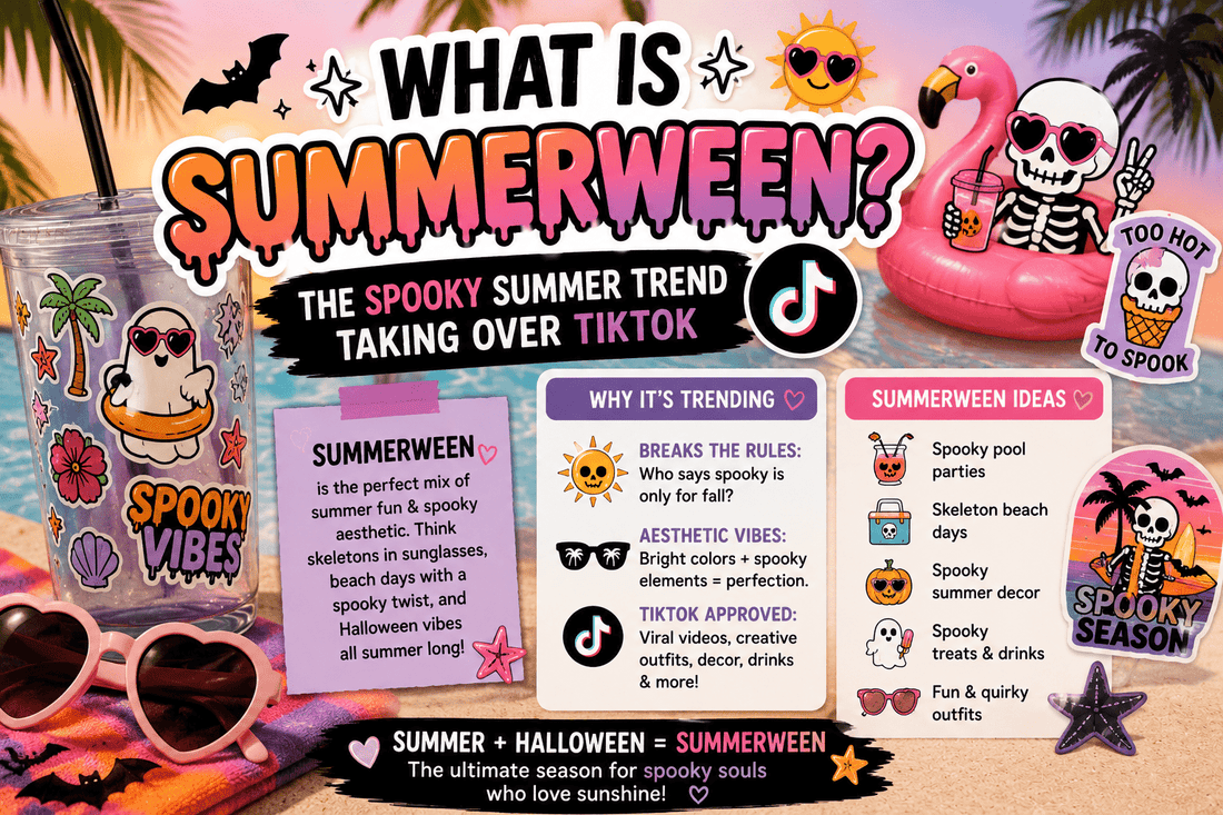 Summerween aesthetic featuring spooky summer stickers, ghosts, skeletons, tropical beach vibes, and TikTok-inspired Halloween summer trend.