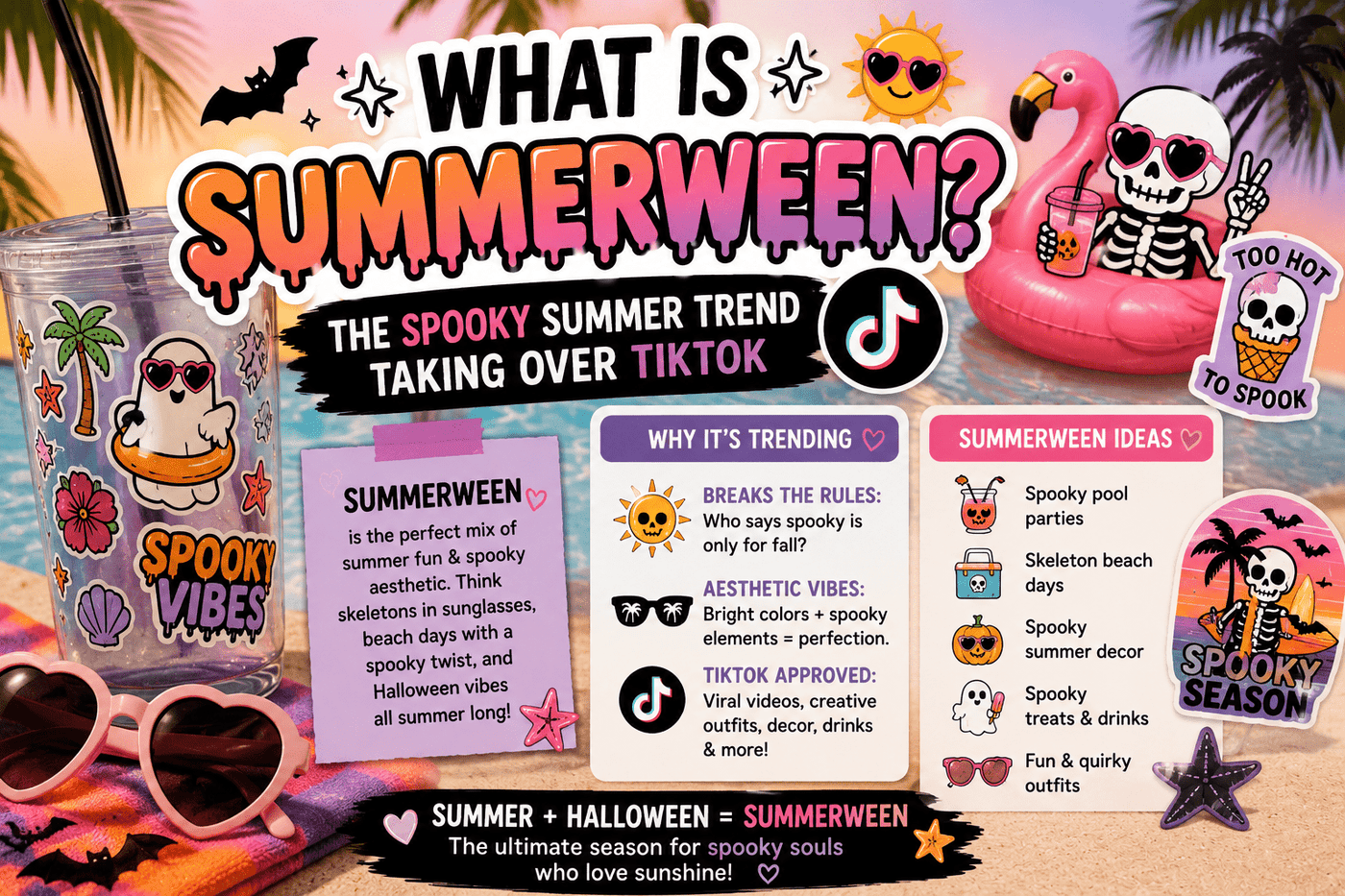 Summerween aesthetic featuring spooky summer stickers, ghosts, skeletons, tropical beach vibes, and TikTok-inspired Halloween summer trend.