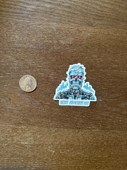 Merry Judgement Day Sticker – Funny Terminator T-800 Skull Christmas Label with Lights & City Skyline