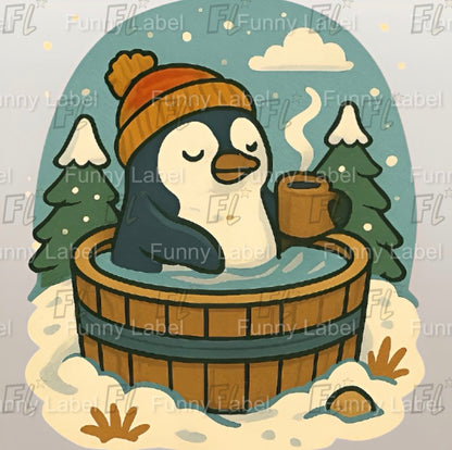 Cartoon penguin in a hot tub with a cup, surrounded by snow and trees, with 'Funny Label' branding.