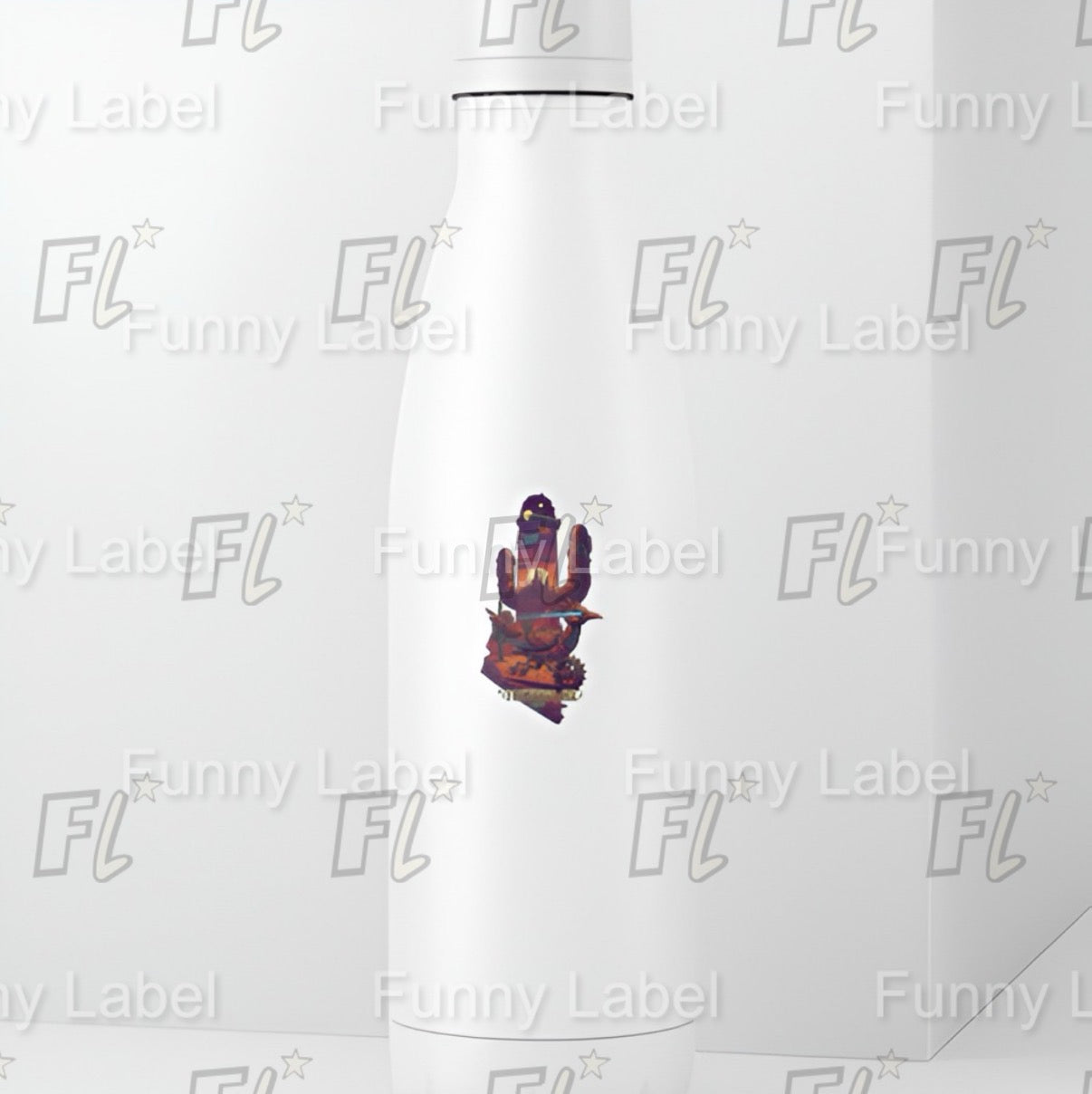 Tucson Sci-Fi Roadrunner Sticker – Futuristic Desert Label with Cactus, Airships & Mechanical Bird