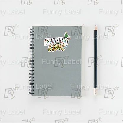 Funny Label Christmas Logo Sticker with Holiday Lights & Tree