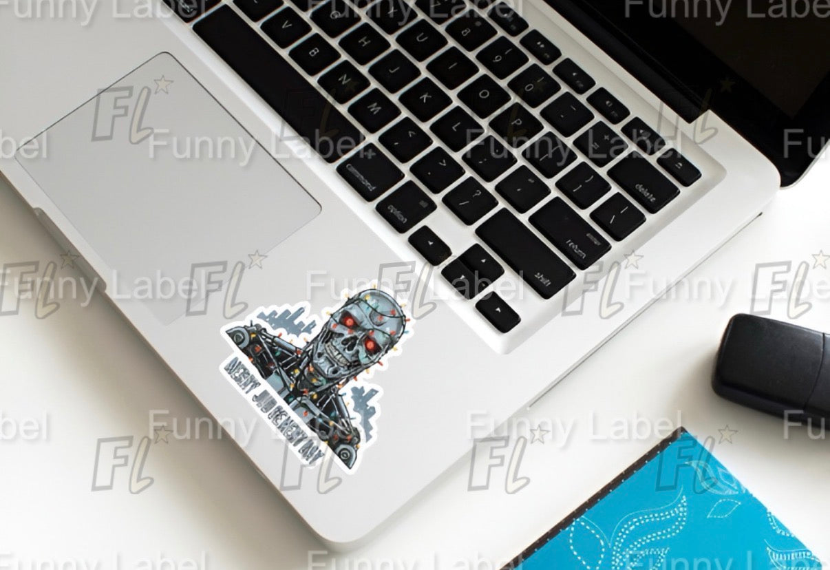 Merry Judgement Day Sticker – Funny Terminator T-800 Skull Christmas Label with Lights & City Skyline
