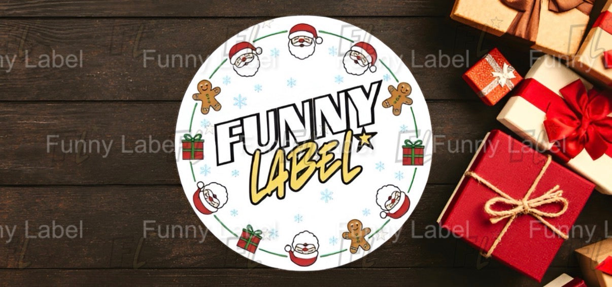 Round label with 'Funny Label' text surrounded by Christmas-themed graphics on a wooden surface with wrapped gifts.