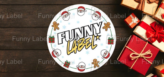 Round label with 'Funny Label' text surrounded by Christmas-themed graphics on a wooden surface with wrapped gifts.