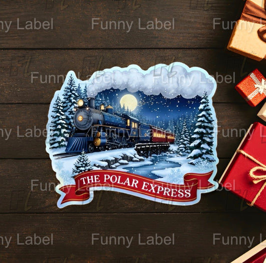 Polar Express train sticker with snowy forest and full moon background