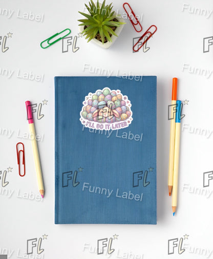 Blue notebook with a sticker on a white background with stationery items and 'Funny Label' branding.