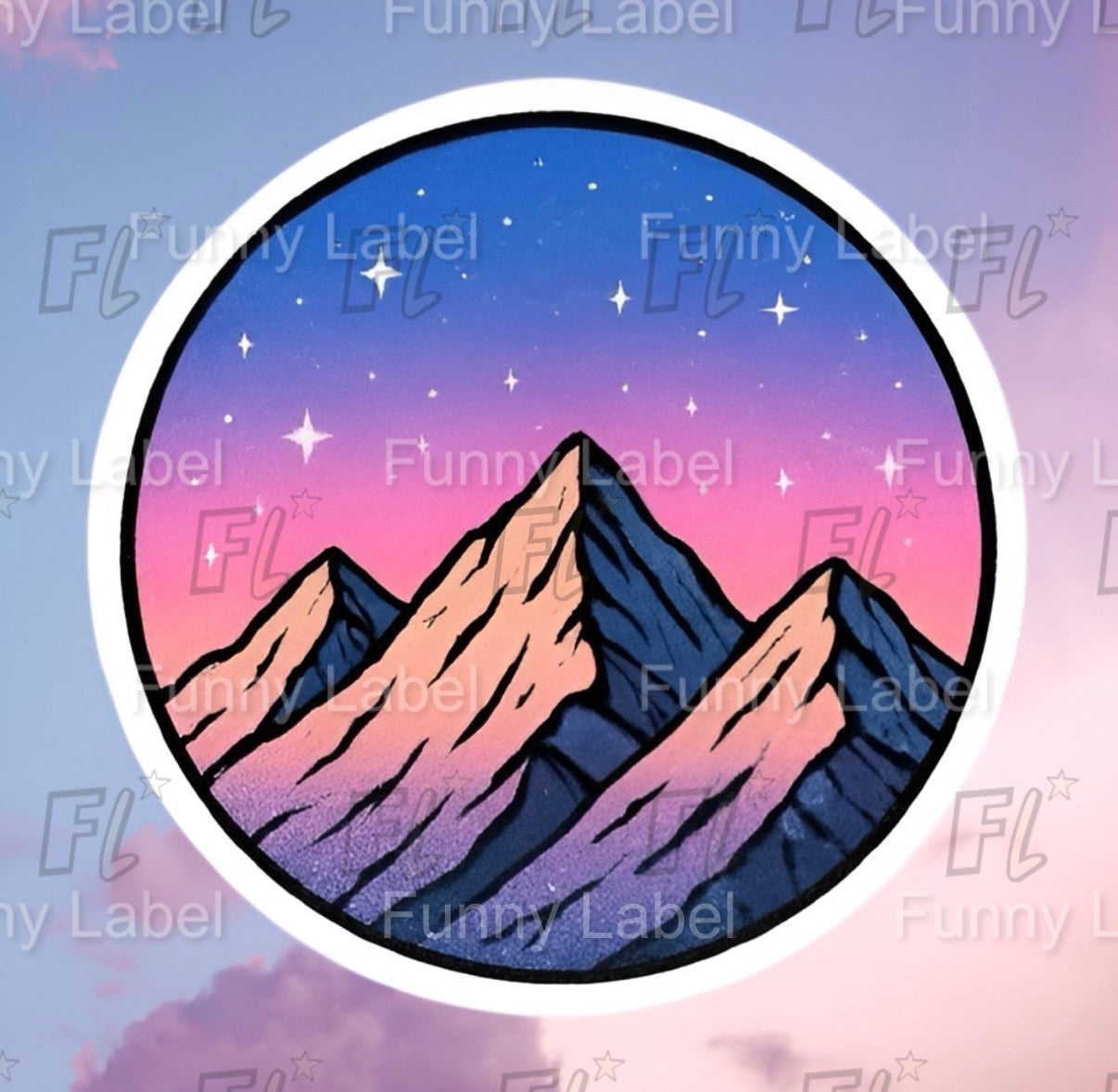 Mountain illustration with a gradient sky and 'Funny Label' branding.