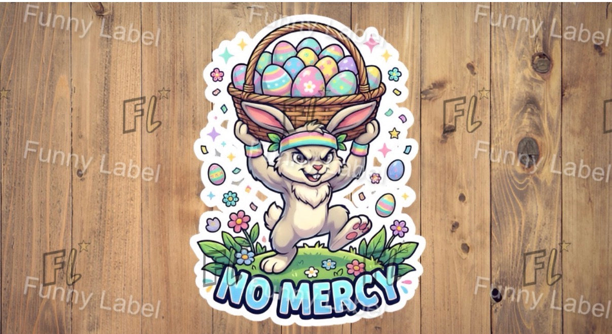 Sticker of a bunny with an Easter basket on a wooden background with 'Funny Label' branding.
