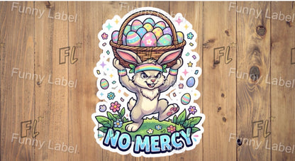 Sticker of a bunny with an Easter basket on a wooden background with 'Funny Label' branding.
