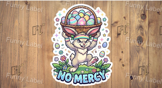 Sticker of a bunny with an Easter basket on a wooden background with 'Funny Label' branding.