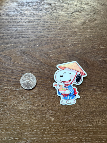 Kawaii Snoopy Ramen Sticker | Peanuts Dog in Kimono and Conical Hat | Vinyl Decal Gift for Foodies