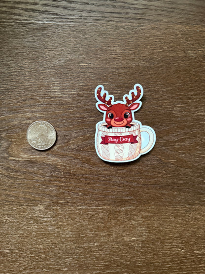 Stay Cozy Reindeer Mug Sticker – Cute Winter Label for Gifts & Crafts