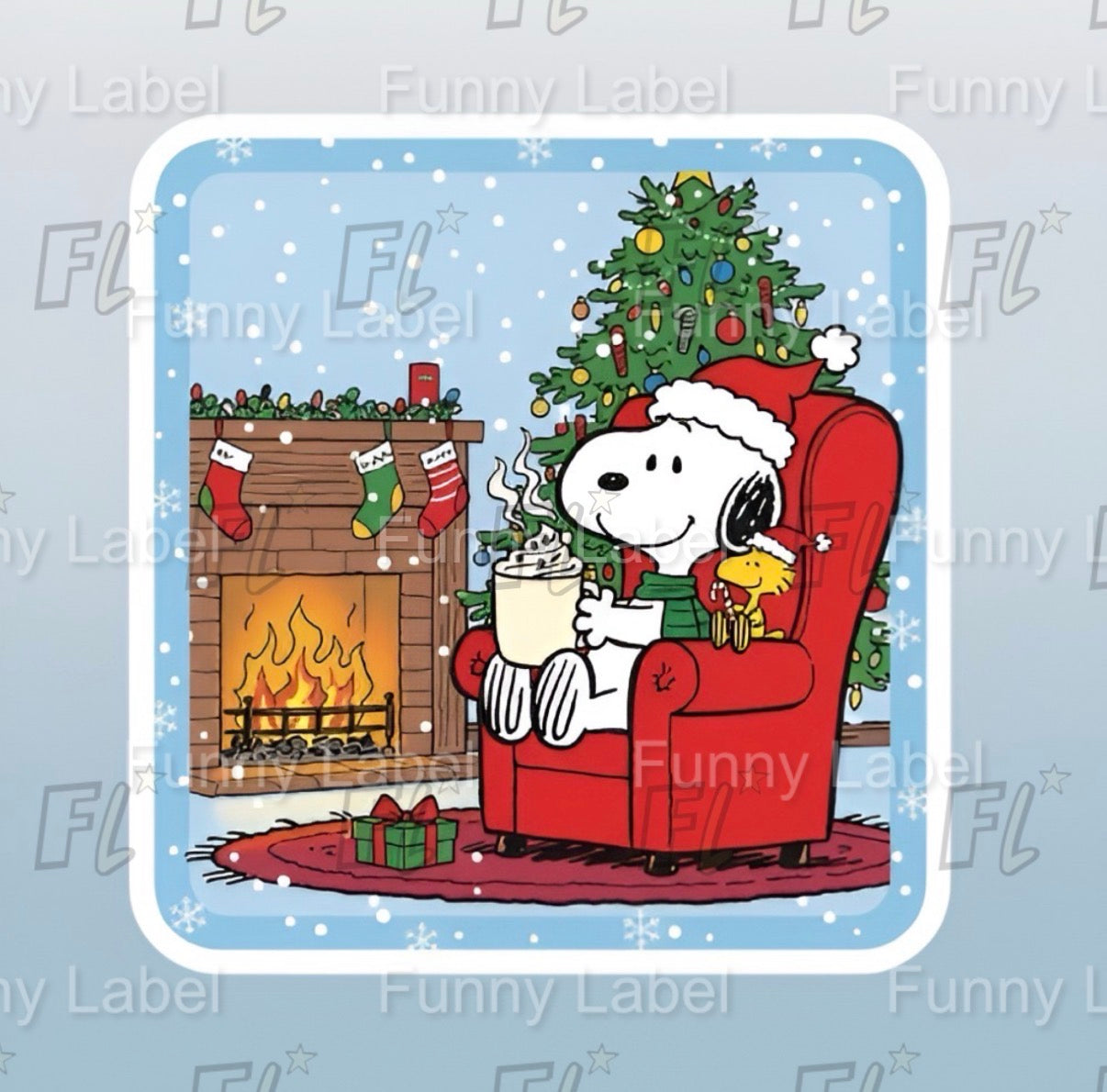 Cozy Snoopy Hot Cocoa Sticker | Christmas Fireplace & Tree Decal | Peanuts Winter Comfort Vinyl