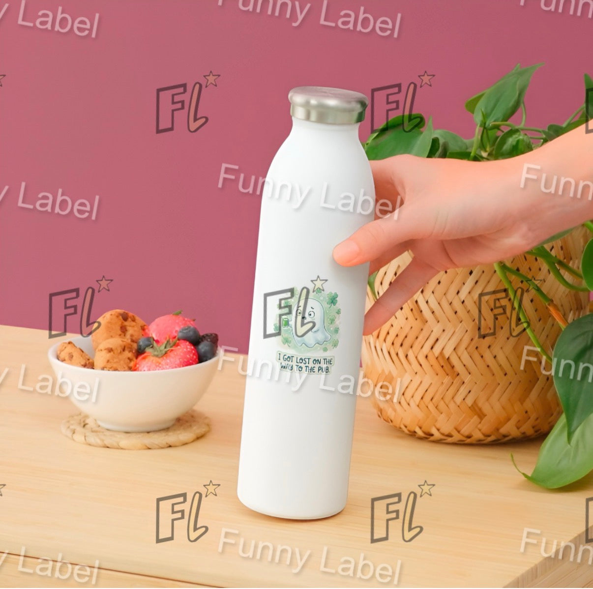 White bottle with 'FL' branding held by a hand on a wooden surface with food and plants.