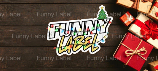 Funny Label Christmas Logo Sticker with Holiday Lights & Tree